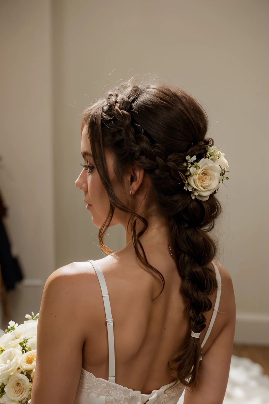 Model shows wedding hairstyle with braid and flowers in hair. dark curly hair. closed wedding dress. seen from the back, The head is turned in profile