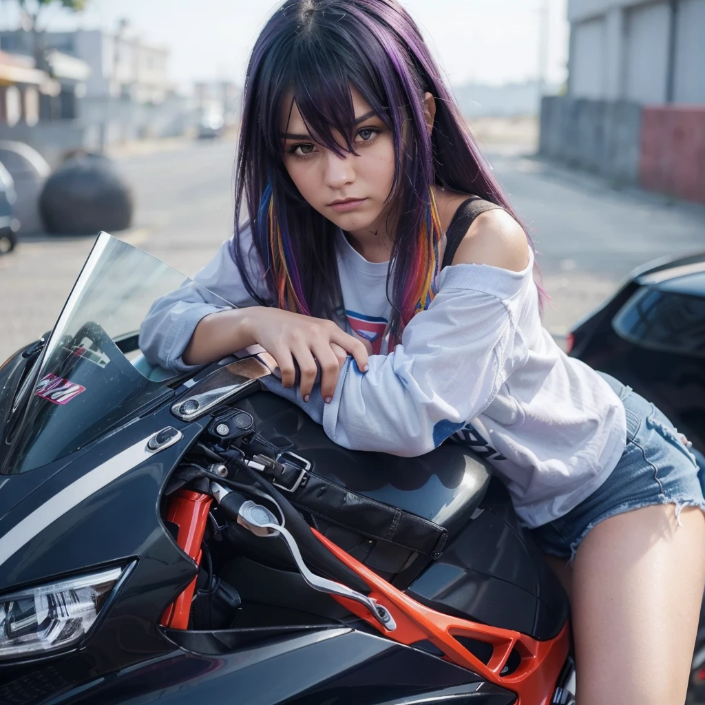 (best quality,Realistic:1.2),ultra-detalhado,Menina com cabelo roxo,camisa roxa,vivid colors,fotorrealista,cabelo preto com pontas roxas,fierce expression,Olhos azuis claros