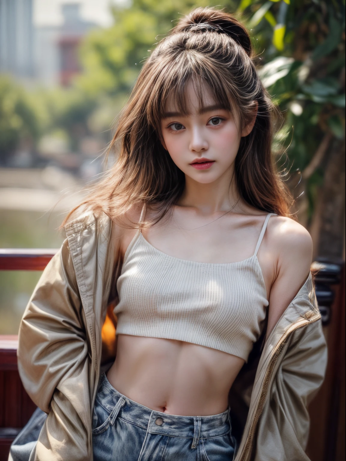 A woman in a heart-shaped hole in an ivy leaf wrapped around a thick tree、Cute 20 year old、Slim body、Long hair with bangs、A small light shines in the hole.、in the forest、Yellow Moon Night、The moon is half hidden by clouds、Sharp images、High color reproducibility、Attention to detail、live-action、Alluring、