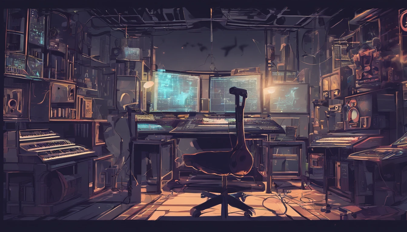 Music studio,dark chamber, the night, Computer, keyboards, Earphone, Monitor the speaker, pianos, guitar，Small lights, Background with, sofe,, Sateen, nigh sky, nightcity, No Man, A high resolution, Super sharp, 8K, tmasterpiece（最好质量）（Detailed pubic hair）