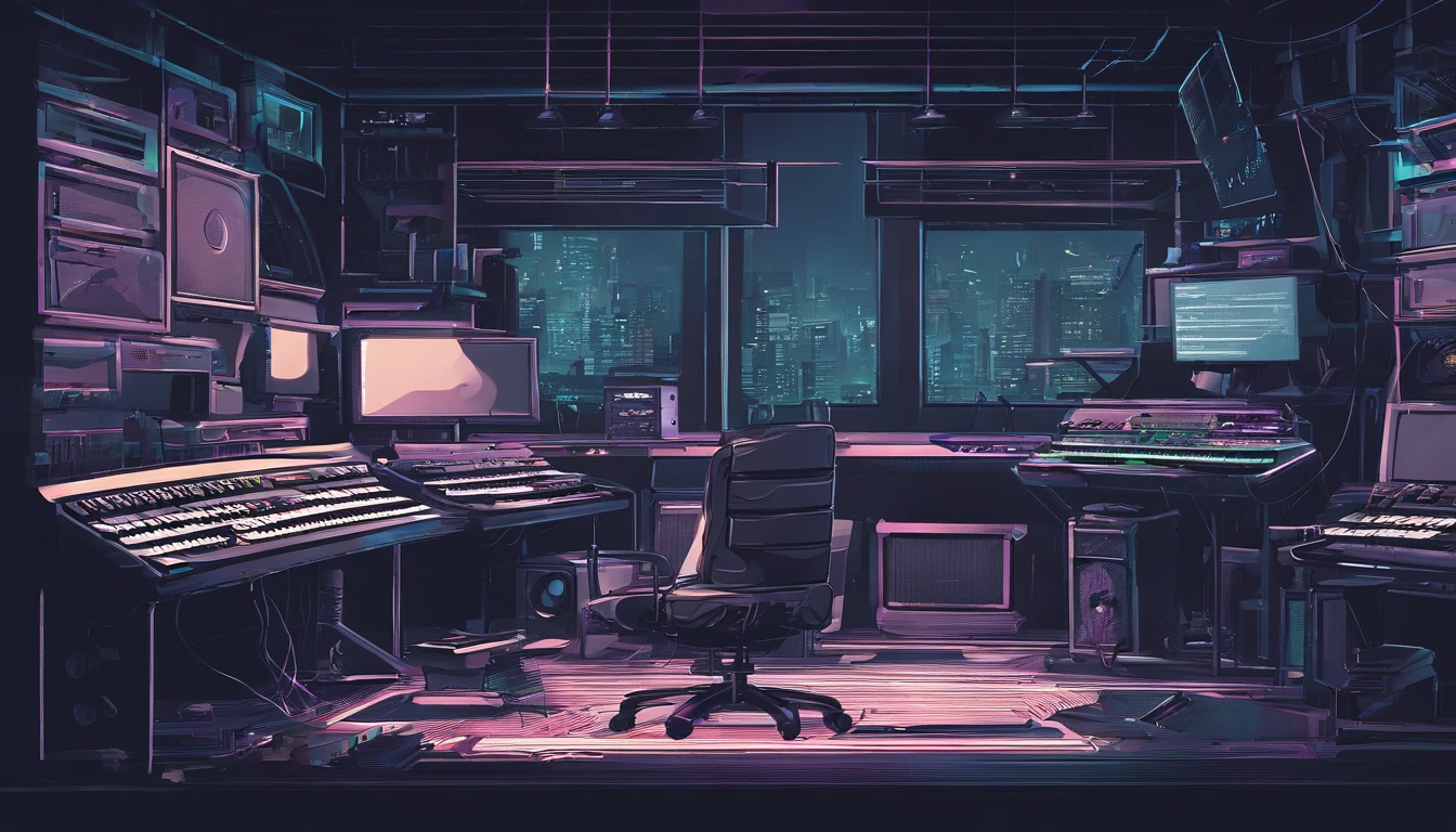 Music studio,dark chamber, the night, Computer, keyboards, Earphone, Monitor the speaker, pianos, guitar，Small lights, Background with, sofe,, Sateen, nigh sky, nightcity, No Man, A high resolution, Super sharp, 8K, tmasterpiece（最好质量）（Detailed pubic hair）