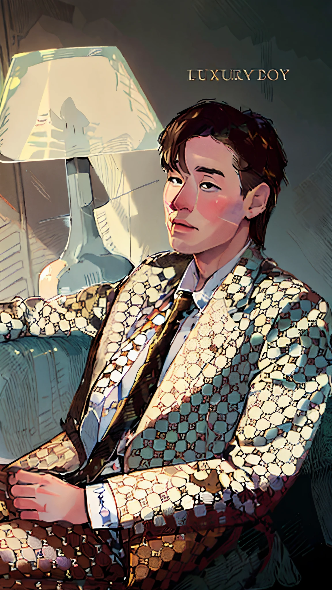 (masterpiece:1.2),illustration,lineart,texture,a man black brown hair in light brown gucci suits and trousers with brown necktie ,warm color palette,soft natural light ,detailed pencil strokes,delicate outlines,distinct shadows,subtle shading,impeccable attention to detail,highly realistic,artistic touches,vibrant and lifelike rendering,professional-level skill,colorful and textured background,warm and inviting atmosphere,peaceful and relaxed expression,sophisticated and elegant aesthetics.