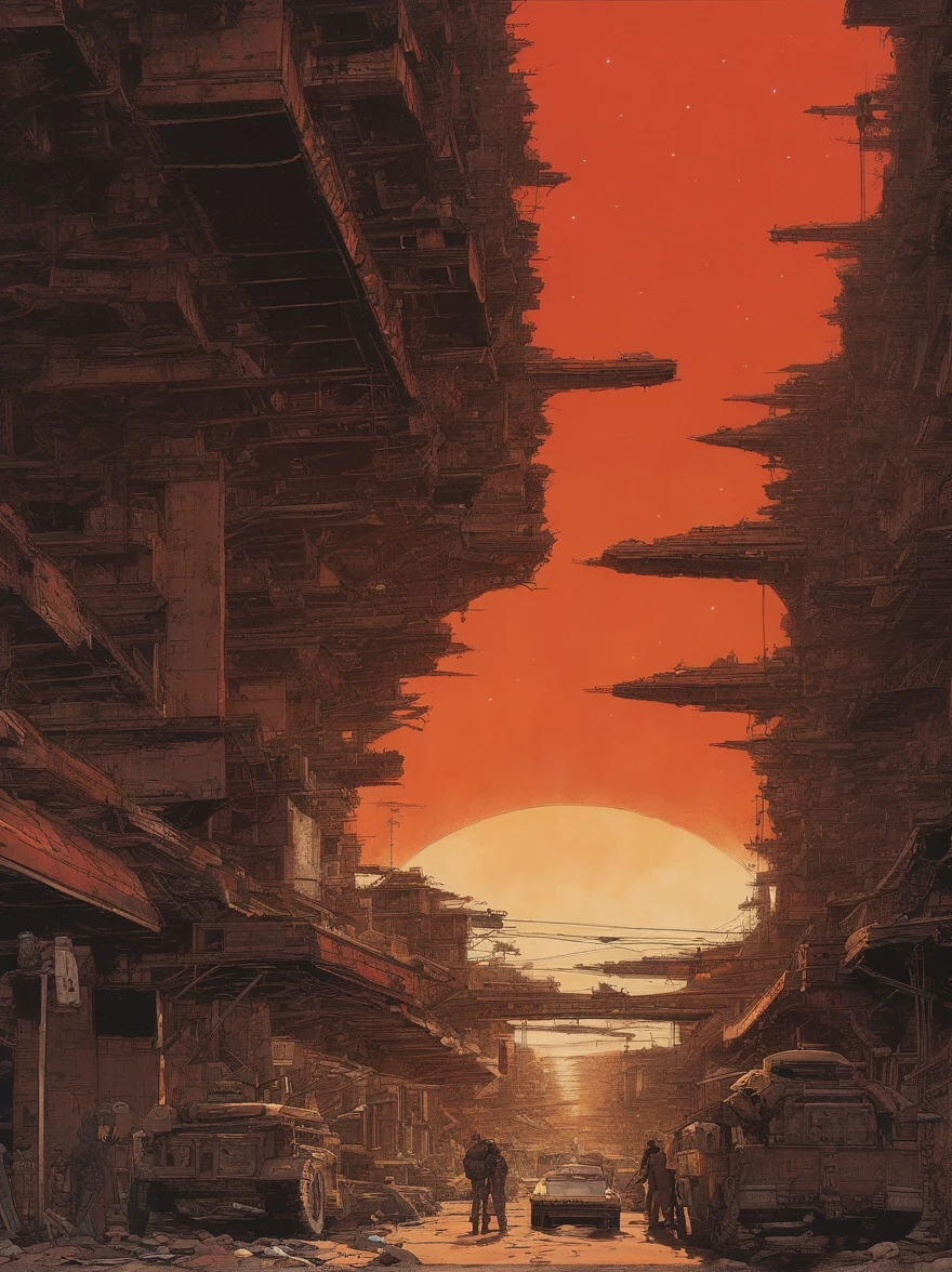 spaceships、Katsuhiro Otomo's painting style、Desolated star、Red burnt sky、Destroyed buildings