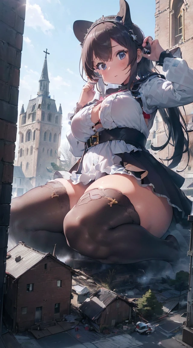((((Reaching Out 1.3)))),((((A city in ruins at your feet)))),((((Kneeling)))),Fantastic,long legged,(((A Princess))),(((((Full body depiction))))),((((Randomly sexy poses)))),((((Beautiful soles))))、((((Five fingers on a beautiful sole)))),Big Chest Ribbon,((Teary-eyed)),((((((Colossal tits)))))),((embarrassed from)),Blushing,(((((((Big girl sitting on the roof of the church beyond the tower))))))),((((lowfers)))),the Extremely Detailed CG Unity 8K Wallpapers,top-quality,ultra-detailliert,​masterpiece,realisitic,Photo Real,Bright lighting,extremely detailed cute girl,18year old,Innocent big eyes,A detailed eye,(Silvery hair),(shorth hair),(bangss),flawless skin,shinny skin,fair white skin,Fine skin,((((large full breasts)))),((((((plump thighs)))))),((perfect anatomia,nice hand,perfect hand,Five fingers connected to the palm of the hand,accurate hands without incongruity)),Show off panties、pantyshot、(((Super Huge Girl Cute Princess Dress Costume、white colors)))、(((knee high socks))),front facing,(fumo),(fires),(((Rubble Town)))、Ground cracking,