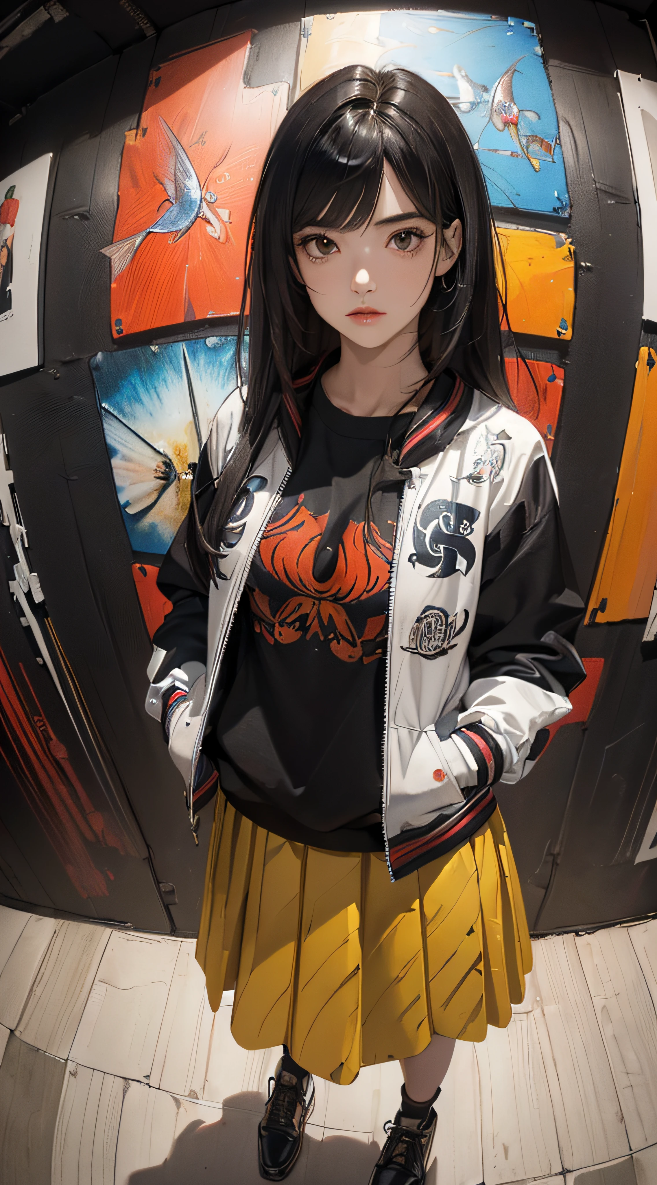 (((8k wallpaper of extremely detailed CG unit:1.2, masterpiece, hight resolution:1.2, top-quality:1.2, masutepiece))), ((a very beautiful woman, Hands in pockets:1.8, Grunge Fashion, Wearing a blouson, Wearing a long skirt, Wearing shoes)), ((extra detailed face, Highly detailed black eyes, extra detailed body, Top quality real texture skins)), (A dark-haired, length hair, de pele branca, Small:1.2), ((surrounded by colorful walls)), (high-angle:1.2, Fisheye:1.3), hyper realisitic, digitial painting,