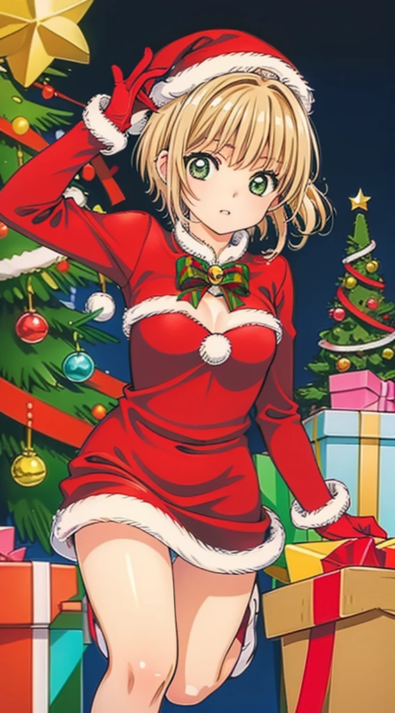 masterpiece, best quality, 1 solo girl,  brown hair, green eyes, short hair, wavy hair, Christmas ornaments, medium breasts, mature body and face, red christmas dress, christmas, christmas light, christmas tree, red gloves, red santa skirt, holding gift, red bra, red panty, leg up, cowboy shots, sexy pose, dakimakura, detailed body, face, and eyes, sharp focus, vibrant, creative, dynamic, high definition, high resolution, 8k, (Upscale: R-ESRGAN 4x+ Anime6B), (Image enchance:4x), voluptuous body