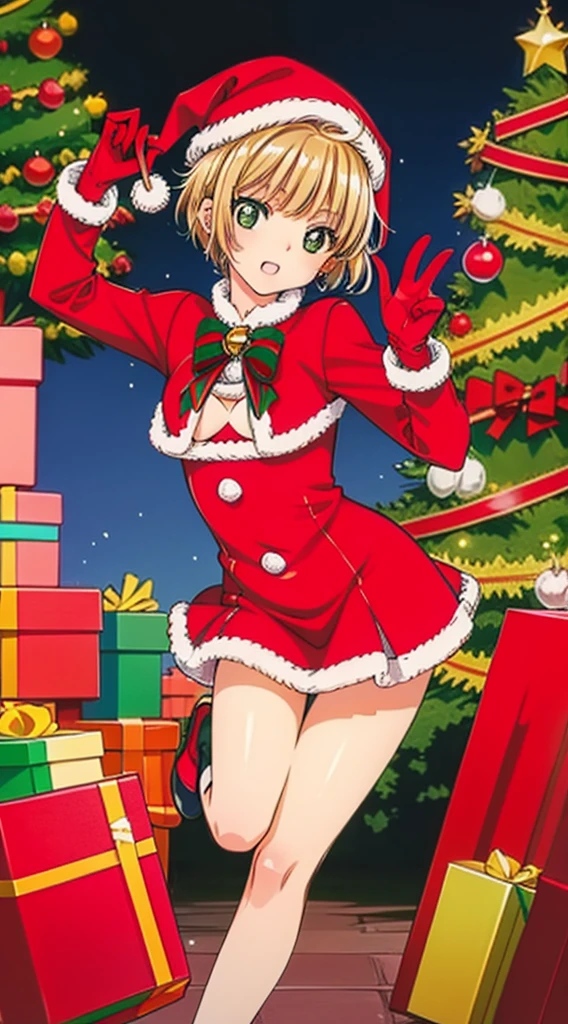 masterpiece, best quality, 1 solo girl,  brown hair, green eyes, short hair, wavy hair, Christmas ornaments, medium breasts, mature body and face, red christmas dress, christmas, christmas light, christmas tree, red gloves, red santa skirt, holding gift, red bra, red panty, leg up, cowboy shots, sexy pose, dakimakura, detailed body, face, and eyes, sharp focus, vibrant, creative, dynamic, high definition, high resolution, 8k, (Upscale: R-ESRGAN 4x+ Anime6B), (Image enchance:4x), voluptuous body