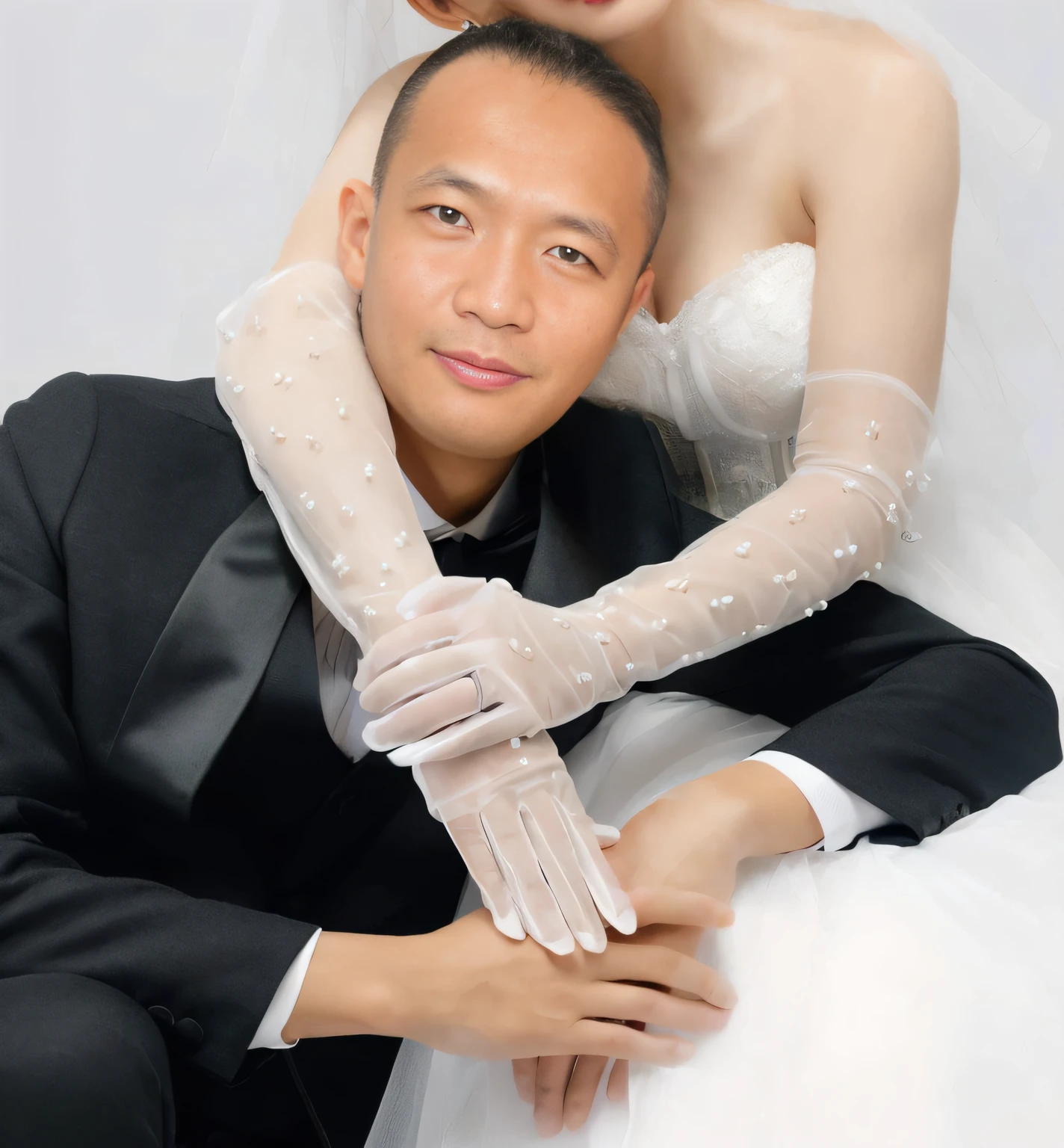 There are men and women posing for photos together., White long gloves, White gloves, White elbow gloves, elbow gloves, asian man, wedding photo, white satin gloves, bridegroom, Roberto Ferri and Ruan Jia, Wear gloves., Hand retouching, professional wedding photography, Wei Wang, Mario Feng, gloves on hand, white sleeves, a portrait photo, Marketing Image