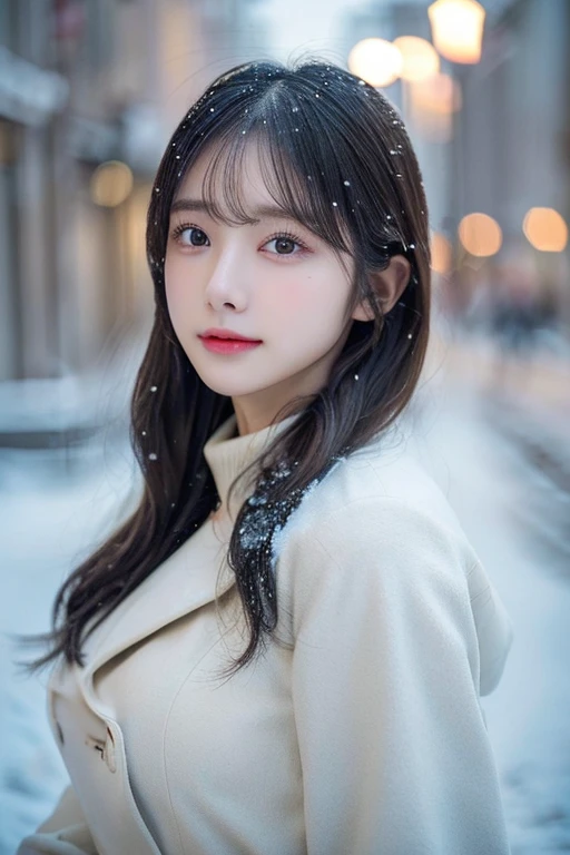 (white oversized coat)、Beige muffler、(top-quality,masterpiece:1.3,超A high resolution,),(ultra-detailliert,Caustics),(Photorealsitic:1.4,RAW shooting,)Ultra-realistic capture,A highly detailed,high-definition16Kfor human skin、 Skin texture is natural、、The skin looks healthy with an even tone、 Use natural light and color,One Woman,japanes,,kawaii,A dark-haired,Middle hair,(depth of fields、chromatic abberation、、Wide range of lighting、Natural Shading、)、(Falling snow:1.2)(Hair swaying in the wind:1.2)、(At night, Snow reflects off the exterior lights:1.1)、Upper body naked、beutiful breast、Beautiful nipple