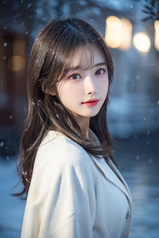 (white oversized coat)、Beige muffler、(top-quality,masterpiece:1.3,超A high resolution,),(ultra-detailliert,Caustics),(Photorealsitic:1.4,RAW shooting,)Ultra-realistic capture,A highly detailed,high-definition16Kfor human skin、 Skin texture is natural、、The skin looks healthy with an even tone、 Use natural light and color,One Woman,japanes,,kawaii,A dark-haired,Middle hair,(depth of fields、chromatic abberation、、Wide range of lighting、Natural Shading、)、(Falling snow:1.2)(Hair swaying in the wind:1.2)、(At night, Snow reflects off the exterior lights:1.1)、Upper body naked、beutiful breast、Beautiful nipple