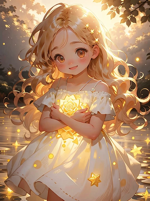 1girl in, Chibi, Cute, Long hair, Light blonde hair, glowing gold eyes, rose garden, Floral dress, Sunlight, Smile, Happy, with fairy, some fairies,