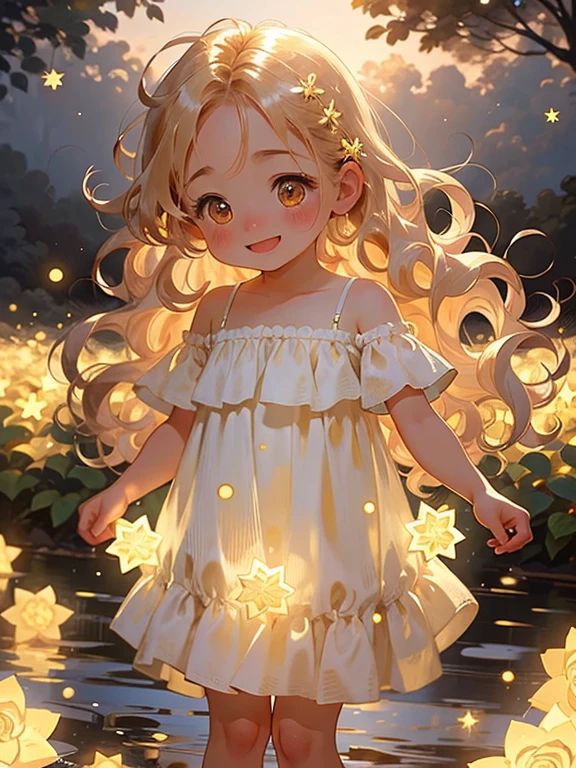 1girl in, Chibi, Cute, Long hair, Light blonde hair, glowing gold eyes, rose garden, Floral dress, Sunlight, Smile, Happy, with fairy, some fairies,