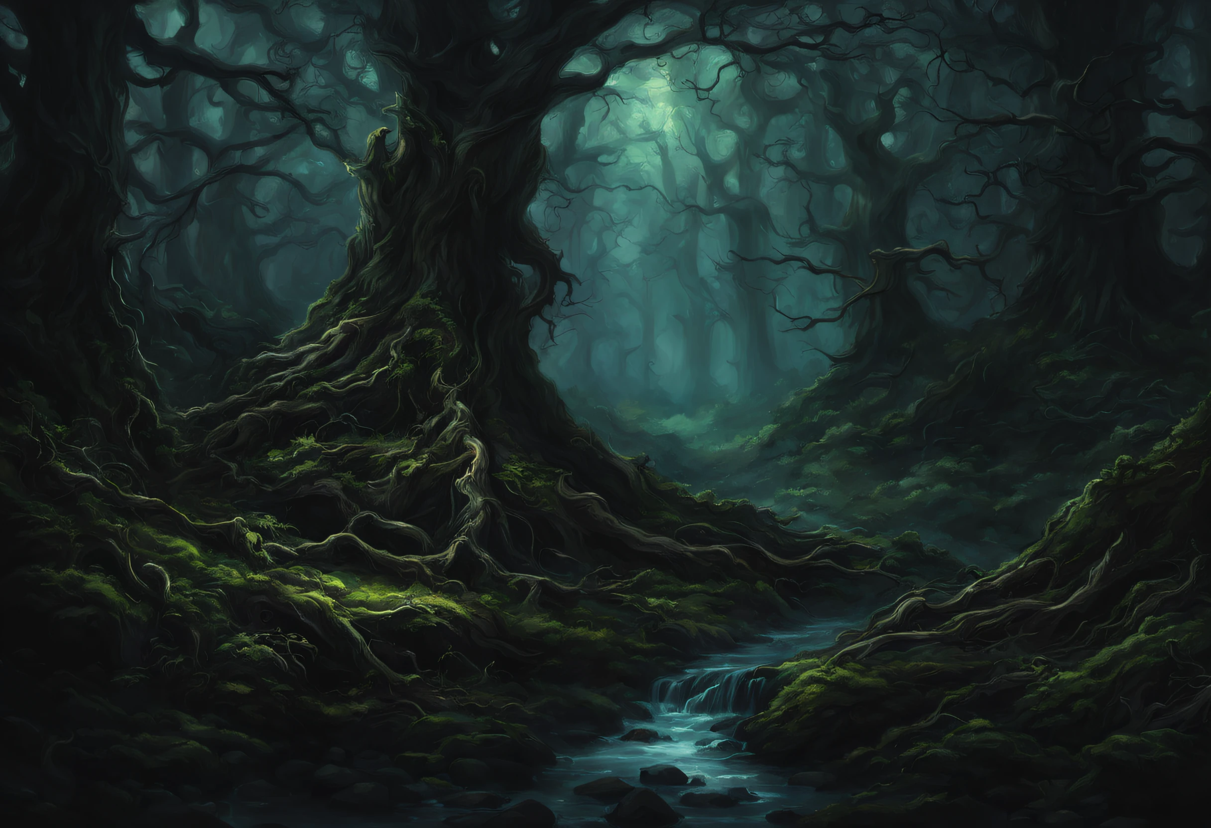 mystical dark forest, epic fantasy art