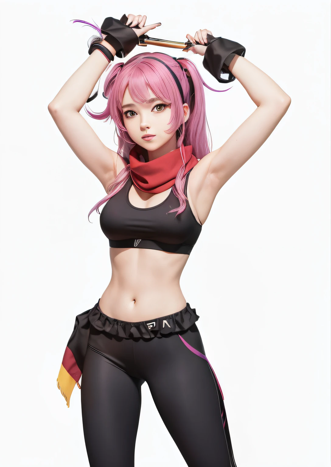 masterpiece, best quality, 1girl, solo, ((mature female)), round pupils, long hair, hair, princess, black dress, fantasy, happy, looking at viewer, black sports bra, black legging pants, pink hair, yellow eyes, red scarf, tied hand