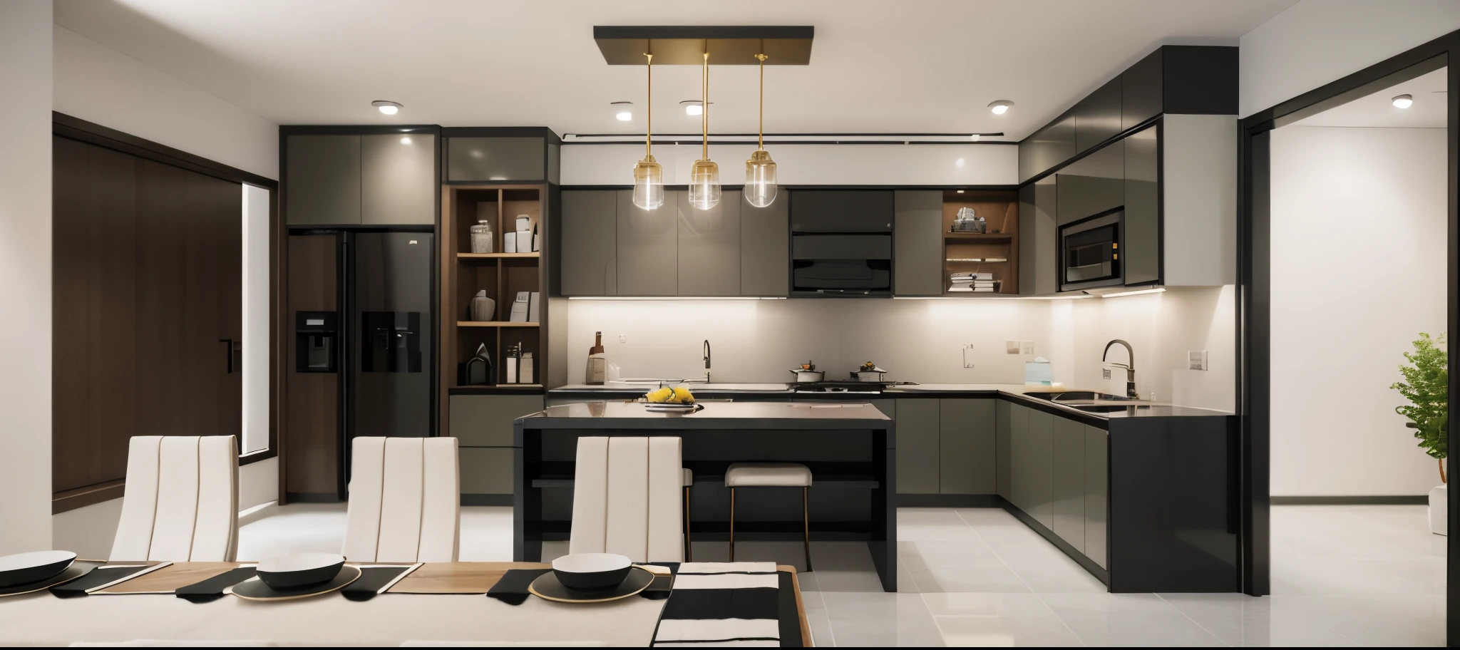 morden kitchen  design,Super sharp like photos taken with a professional camera, (Masterpiece,best quality,8k uhd,dslr,soft lighting,high quality,hyper detail,film grain,Fujifilm XT3, UE 5 render 8k, super high resolution, supper detail:1.2), color block wall decor, Cream color block wall decor, glossy floor, (((volumetric light))), dark tone, glossy floor