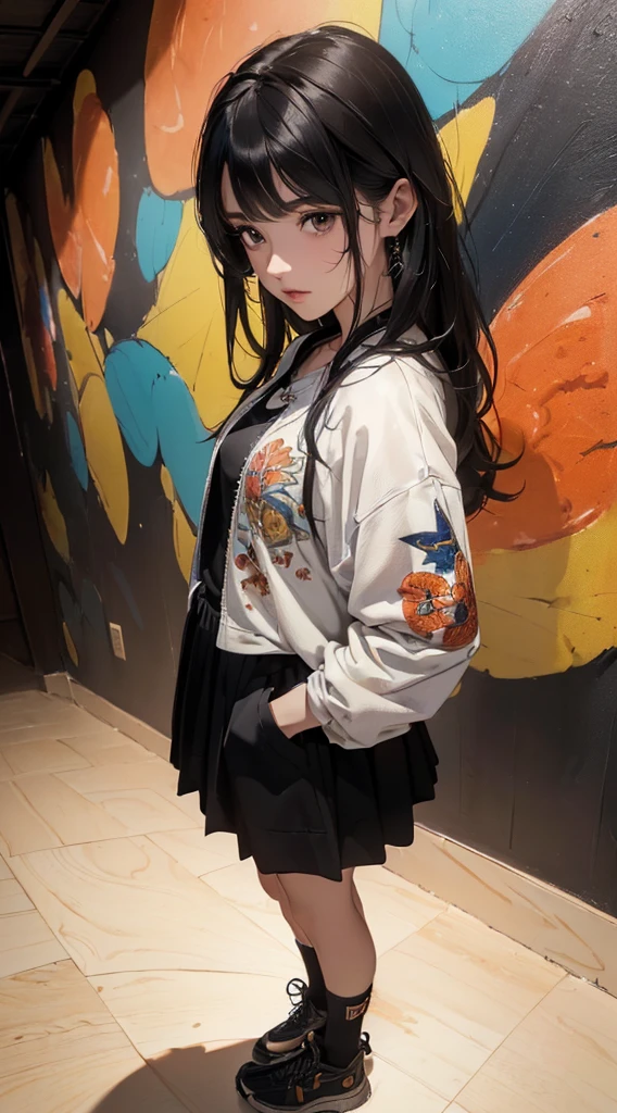 (((8k wallpaper of extremely detailed CG unit:1.2, masterpiece, hight resolution:1.2, top-quality:1.2, masutepiece))), ((a very beautiful woman, Hands in pockets:1.8, Grunge Fashion, Wearing a blouson, Wearing a long skirt, Wearing shoes)), ((extra detailed face, Highly detailed black eyes, extra detailed body, Top quality real texture skins)), (A dark-haired, length hair, de pele branca, Small:1.2), ((surrounded by colorful walls)), (high-angle:1.2, Fisheye:1.3), hyper realisitic, digitial painting,