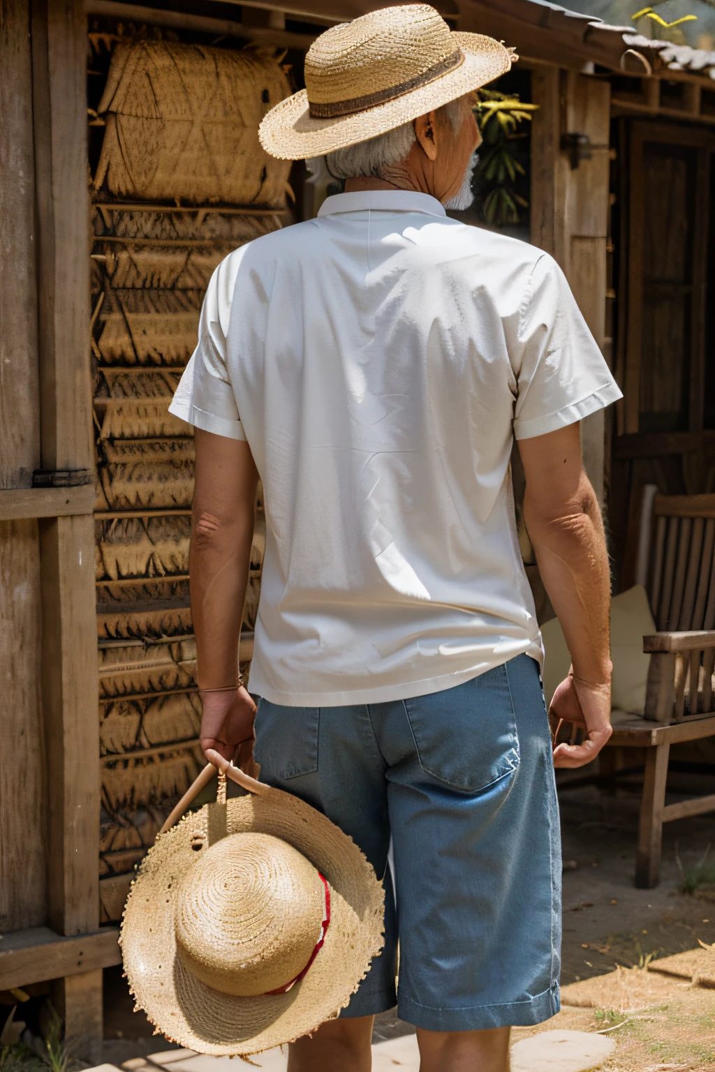 Back view of old man wearing straw hat, camouflage uniform, The big straw hat standing in the mountains has no straw hat in his hand and is wearing trousers