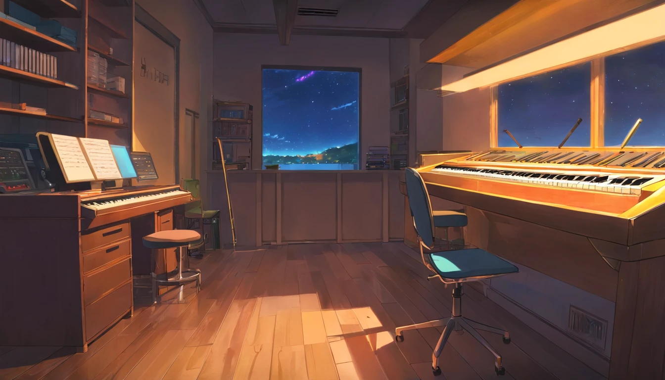 Music studio,dark chamber, the night, Computer, keyboards, Earphone, Monitor the speaker, pianos, guitar,Small lights, Background with, sofe,, Sateen, nigh sky, nightcity, (No Man), A high resolution, Super sharp, 8K, tmasterpiece(最好质量)(Detailed pubic hair)