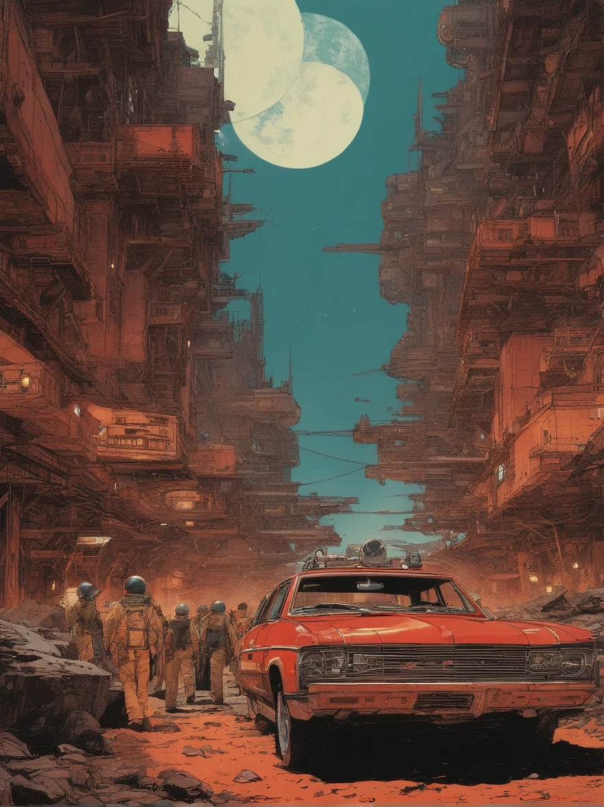 spaceships、Katsuhiro Otomo's painting style、Desolated star、Red burnt sky、Destroyed buildings