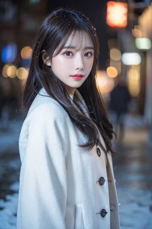 (white oversized coat)、Beige muffler、(top-quality,masterpiece:1.3,超A high resolution,),(ultra-detailliert,Caustics),(Photorealsitic:1.4,RAW shooting,)Ultra-realistic capture,A highly detailed,high-definition16Kfor human skin、 Skin texture is natural、、The skin looks healthy with an even tone、 Use natural light and color,One Woman,japanes,,kawaii,A dark-haired,Middle hair,(depth of fields、chromatic abberation、、Wide range of lighting、Natural Shading、)、(Falling snow:1.2)(Hair swaying in the wind:1.2)、(At night, Snow reflects off the exterior lights:1.1)、Beautiful valley