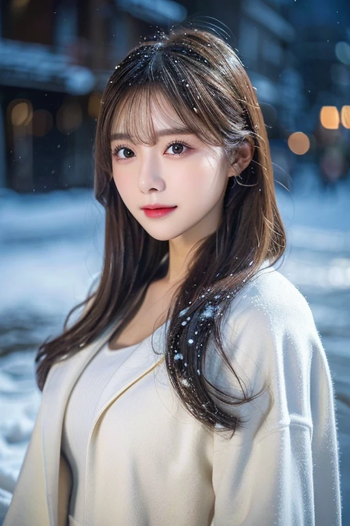 (white oversized coat)、Beige muffler、(top-quality,masterpiece:1.3,超A high resolution,),(ultra-detailliert,Caustics),(Photorealsitic:1.4,RAW shooting,)Ultra-realistic capture,A highly detailed,high-definition16Kfor human skin、 Skin texture is natural、、The skin looks healthy with an even tone、 Use natural light and color,One Woman,japanes,,kawaii,A dark-haired,Middle hair,(depth of fields、chromatic abberation、、Wide range of lighting、Natural Shading、)、(Falling snow:1.2)(Hair swaying in the wind:1.2)、(At night, Snow reflects off the exterior lights:1.1)、Beautiful valley
