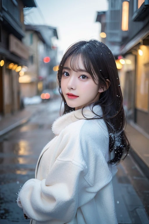 (white oversized coat)、Beige muffler、(top-quality,​masterpiece:1.3,超A high resolution,),(ultra-detailliert,Caustics),(Photorealsitic:1.4,RAW shooting,)Ultra-realistic capture,A highly detailed,high-definition16Kfor human skin、 Skin texture is natural、、The skin looks healthy with an even tone、 Use natural light and color,One Woman,japanes,,kawaii,A dark-haired,Middle hair,(depth of fields、chromatic abberation、、Wide range of lighting、Natural Shading、)、(Falling snow:1.2)(Hair swaying in the wind:1.2)、(At night, Snow reflects off the exterior lights:1.1)、Beautiful valley