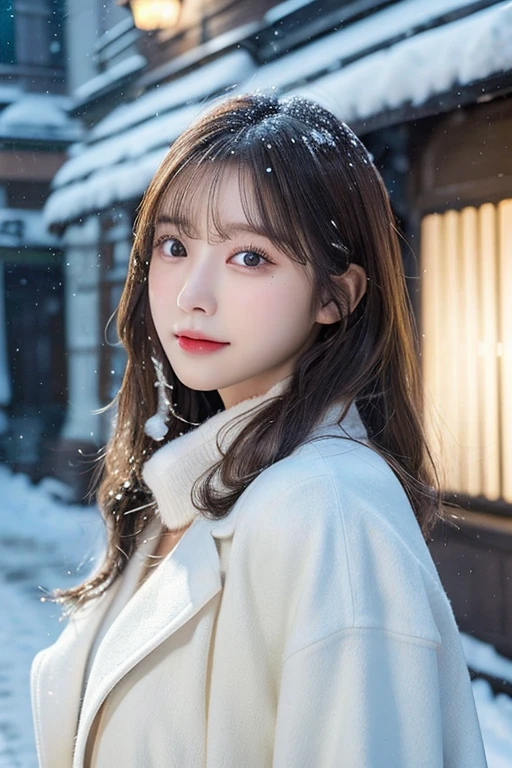 (white oversized coat)、Beige muffler、(top-quality,masterpiece:1.3,超A high resolution,),(ultra-detailliert,Caustics),(Photorealsitic:1.4,RAW shooting,)Ultra-realistic capture,A highly detailed,high-definition16Kfor human skin、 Skin texture is natural、、The skin looks healthy with an even tone、 Use natural light and color,One Woman,japanes,,kawaii,A dark-haired,Middle hair,(depth of fields、chromatic abberation、、Wide range of lighting、Natural Shading、)、(Falling snow:1.2)(Hair swaying in the wind:1.2)、(At night, Snow reflects off the exterior lights:1.1)、Beautiful valley