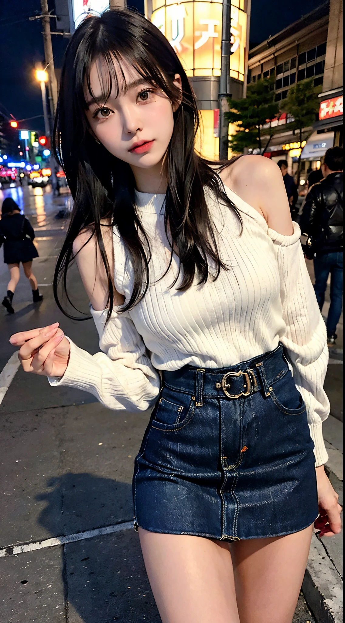 Japan Girl,beautiful girlfriend,a beauty,Raw foto,8K,Urban Lighting,((down, muffler and jeans miniskirt)),Smooth short bob hair,A dark-haired,A detailed face,Detailed skin,Detailed eyes,(Slim body:1.3),ite girl in,About 23 years old,downtown winter night,boots with fur,