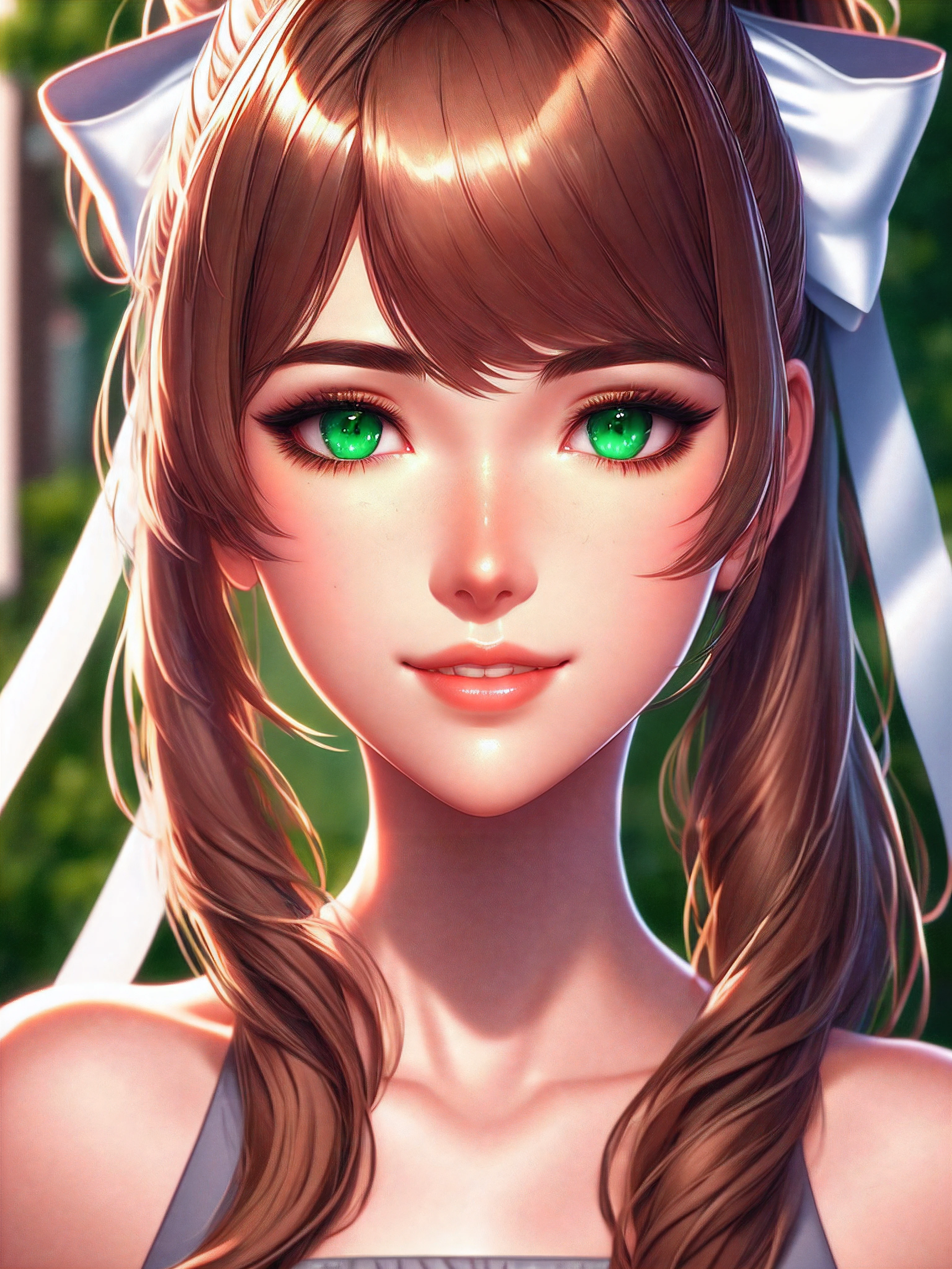 (solo:1.3) Monika, young, light brown hair, high ponytail, large white bow, prominent strands of hair, neatly cut fringe. Maximum sharpness, UHD, 16K, anime style, best possible quality, ultra detailed, best possible resolution, ((face image)), Unreal Engine 5, more detail.