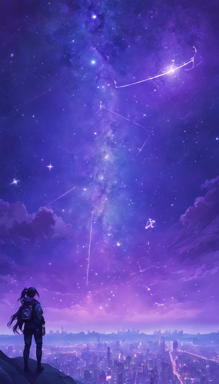 Starry sky and zodiac constellations, The purple hue is like a nebula, Vast space, The city at the bottom of cyberpunk,