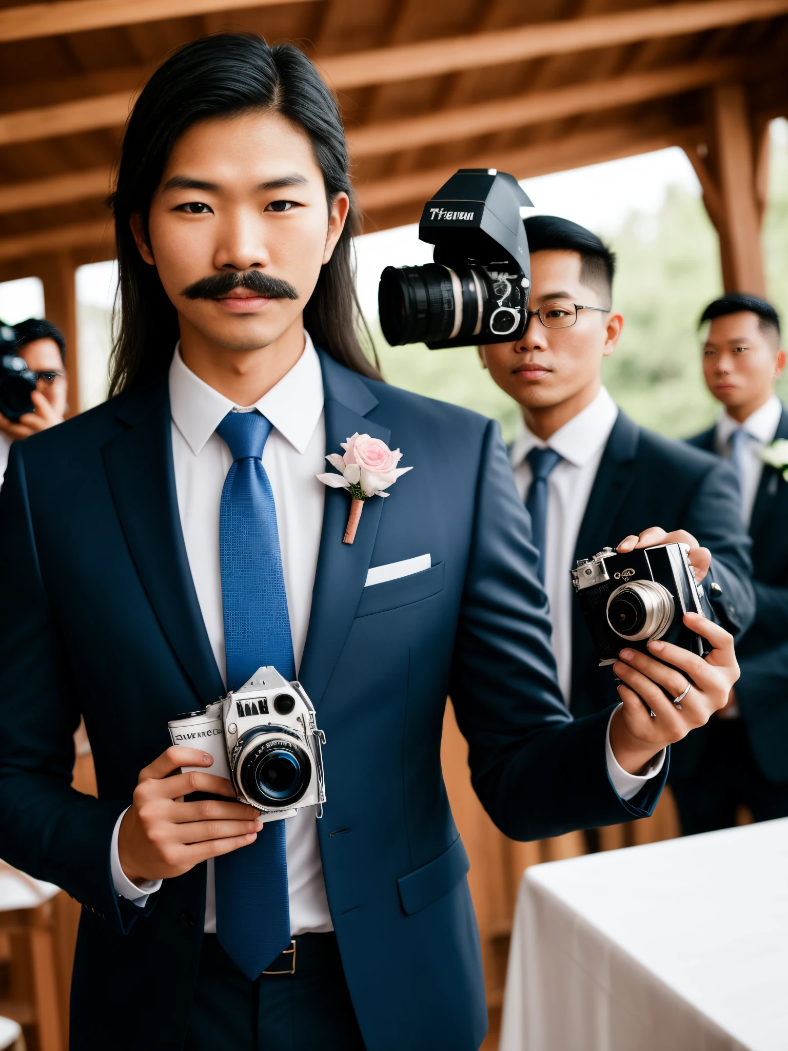 Male photographer with long hair holding a film camera,Cool,A little mustache.,Thai,Put on a suit.,tie a tie,In the wedding atmosphere,Exaggerated.,4k