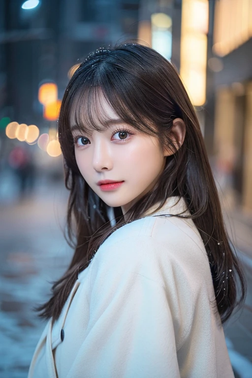 (white oversized coat)、Beige muffler、(top-quality,masterpiece:1.3,超A high resolution,),(ultra-detailliert,Caustics),(Photorealsitic:1.4,RAW shooting,)Ultra-realistic capture,A highly detailed,high-definition16Kfor human skin、 Skin texture is natural、、The skin looks healthy with an even tone、 Use natural light and color,One Woman,japanes,,kawaii,A dark-haired,Middle hair,(depth of fields、chromatic abberation、、Wide range of lighting、Natural Shading、)、(Falling snow:1.2)(Hair swaying in the wind:1.2)、(At night, Snow reflects off the exterior lights:1.1)、Beautiful valley、crouching down