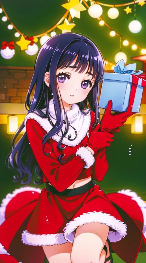 masterpiece, best quality, 1 solo girl,  black hair, purple eyes, long hair, wavy hair, Christmas ornaments, medium breasts, mature body and face, red christmas dress, christmas, christmas light, christmas tree, red gloves, red santa skirt, holding gift, red bra, red panty, leg up, cowboy shots, sexy pose, dakimakura, detailed body, face, and eyes, sharp focus, vibrant, creative, dynamic, high definition, high resolution, 8k, (Upscale: R-ESRGAN 4x+ Anime6B), (Image enchance:4x), voluptuous body