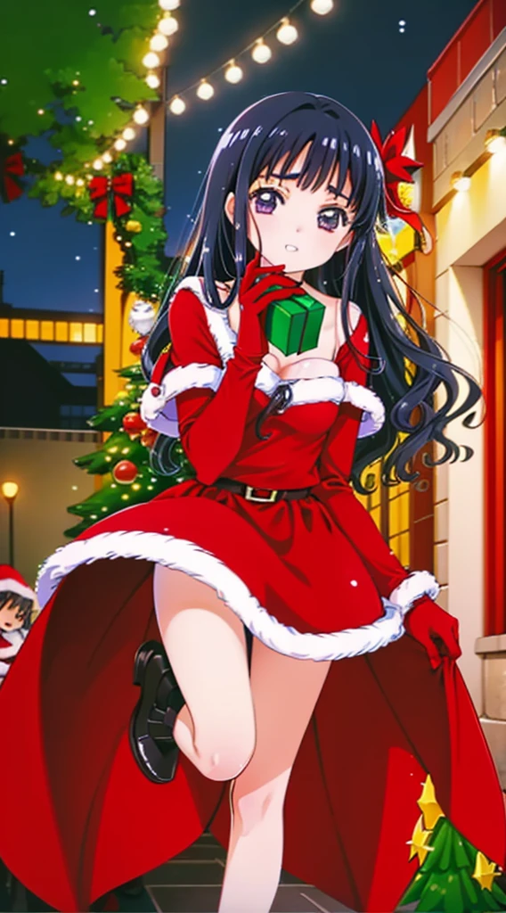 masterpiece, best quality, 1 solo girl, black hair, purple eyes, long hair, wavy hair, Christmas ornaments, medium breasts, mature body and face, red christmas dress, christmas, christmas light, christmas tree, red gloves, red santa skirt, holding gift, red bra, red panty, leg up, cowboy shots, sexy pose, dakimakura, detailed body, face, and eyes, sharp focus, vibrant, creative, dynamic, high definition, high resolution, 8k, (Upscale: R-ESRGAN 4x+ Anime6B), (Image enchance:4x), voluptuous body