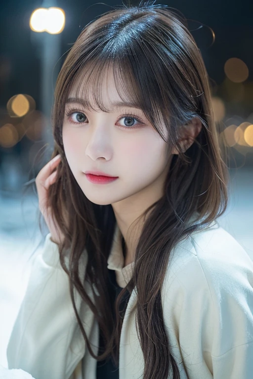 (white oversized coat)、Beige muffler、(top-quality,masterpiece:1.3,超A high resolution,),(ultra-detailliert,Caustics),(Photorealsitic:1.4,RAW shooting,)Ultra-realistic capture,A highly detailed,high-definition16Kfor human skin、 Skin texture is natural、、The skin looks healthy with an even tone、 Use natural light and color,One Woman,japanes,,kawaii,A dark-haired,Middle hair,(depth of fields、chromatic abberation、、Wide range of lighting、Natural Shading、)、(Falling snow:1.2)(Hair swaying in the wind:1.2)、(At night, Snow reflects off the exterior lights:1.1)、Beautiful valley、crouching down