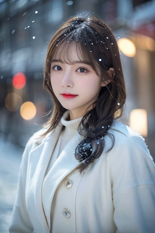 (white oversized coat)、Beige muffler、(top-quality,masterpiece:1.3,超A high resolution,),(ultra-detailliert,Caustics),(Photorealsitic:1.4,RAW shooting,)Ultra-realistic capture,A highly detailed,high-definition16Kfor human skin、 Skin texture is natural、、The skin looks healthy with an even tone、 Use natural light and color,One Woman,japanes,,kawaii,A dark-haired,Middle hair,(depth of fields、chromatic abberation、、Wide range of lighting、Natural Shading、)、(Falling snow:1.2)(Hair swaying in the wind:1.2)、(At night, Snow reflects off the exterior lights:1.1)、Beautiful valley、crouching down