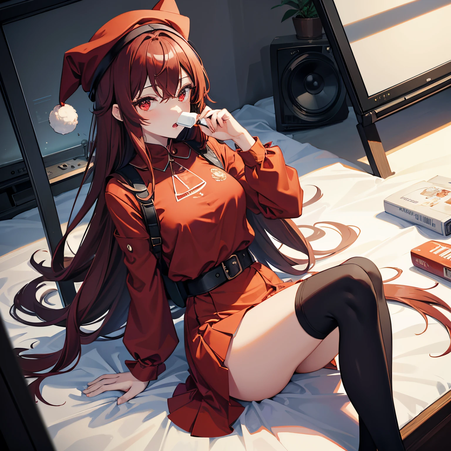 "anime girl, 1 person, dark red hair, shoulder length hair, dark red eyes, very small hat, very small hat, red hat, wearing women's shirt, shirt uniform, dark red skirt, big breasts, tights  ,blushing, sitting on old TV, sitting cross-legged, holding milk carton, sucking milk, drinking milk, solo, frontal view, (full HD 4K+ image)"