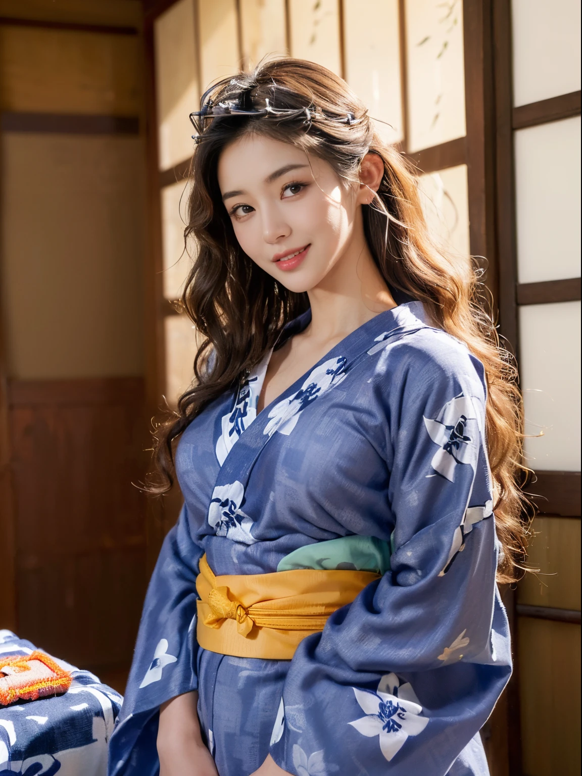((((top-quality))))、(((Ultra Precision CG16K Wallpapers)))、(((masterpiece)))、(((ultra-detailliert)))、(((Ultra-extreme details)))、1Man Woman、a matural female、a 25yo woman、((Korean Face))、((extremely beautiful face))、((a beauty girl:1.5))、((Wave Perm、semi long hair:1.3))、(shinny hair)、Bangs up to the eyebrows、Beautiful brown hair、Beautiful delicate eyes、Brown eyes、raised eyebrows、lofty nose、small nostrils、Small mouth、seductive lips、slightly open mouth、Beautiful breasts、C-cup size breasts、cleavage of the breast、Plump body、perfectly proportions、perfect anatomia、perfect-composition、beautiful detailed shading、Beautiful natural lighting、Beautiful detail glow、depth of fields、(((a high chroma)))、(((realisitic:1.9)))、((Vivid:1.4))、((Beautiful skin))、((Skin texture))、((Realistic skin feeling))、(((cowboy shot:1.5)))、((Frontal angle:1.3))、((a smile:1.3))、(Eyes looking at me)、Bright sunshine、(((Ryokan rooms:1.3)))、(Sedentary Pose)、(((Wearing a yukata、take off the obi:1.5)))、((2 arms))、