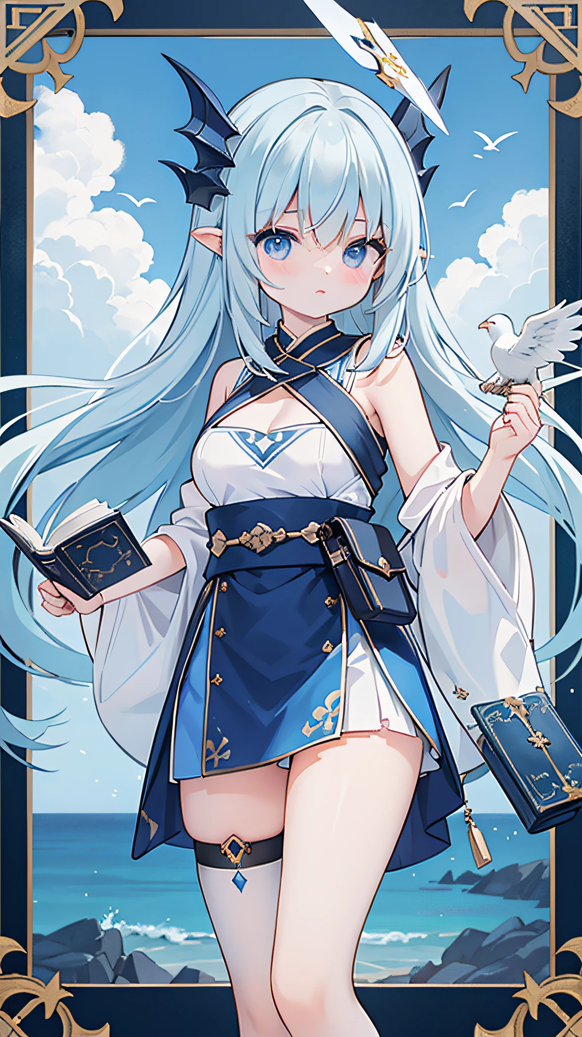 Blue and white shoulder length hair，Only one side of the dragon horn，Lori huge breasts cleavage，Ark of tomorrow，small boobs，((Handsome clothes))，With gray eyes，libraryai，magic book，holding handgun，obi strip，Ribbon on the back，Card fanny pack，white stockings，athletic sneakers，Contemptuous laughter，There is a blue and white technological bird-shaped robot in the sky
