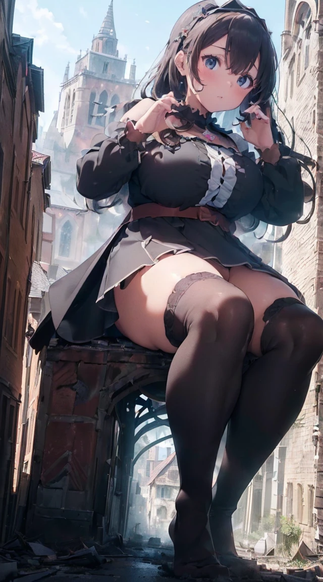 ((((Reaching Out 1.3)))),((((A city in ruins at your feet)))),((((Kneeling)))),Fantastic,long legged,(((A Princess))),(((((Full body depiction))))),((((Randomly ???? poses)))),((((Beautiful soles))))、((((Five fingers on a beautiful sole)))),Big ????? Ribbon,((Teary-eyed)),((((((Colossal ????)))))),((embarrassed from)),Blushing,(((((((Big girl sitting on the roof of the church beyond the tower))))))),((((lowfers)))),the Extremely Detailed CG Unity 8K Wallpapers,top-quality,ultra-detailliert,​masterpiece,realisitic,Photo Real,Bright lighting,extremely detailed cute girl,18year old,Innocent big eyes,A detailed eye,(Silvery hair),(shorth hair),(bangss),flawless skin,shinny skin,fair white skin,Fine skin,((((large full ???????)))),((((((plump thighs)))))),((perfect anatomia,nice hand,perfect hand,Five fingers connected to the palm of the hand,accurate hands without incongruity)),Show off panties、pantyshot、(((Super Huge Girl Cute Princess Dress Costume、white colors)))、(((knee high socks))),front facing,(fumo),(fires),(((Rubble Town)))、Ground cracking,