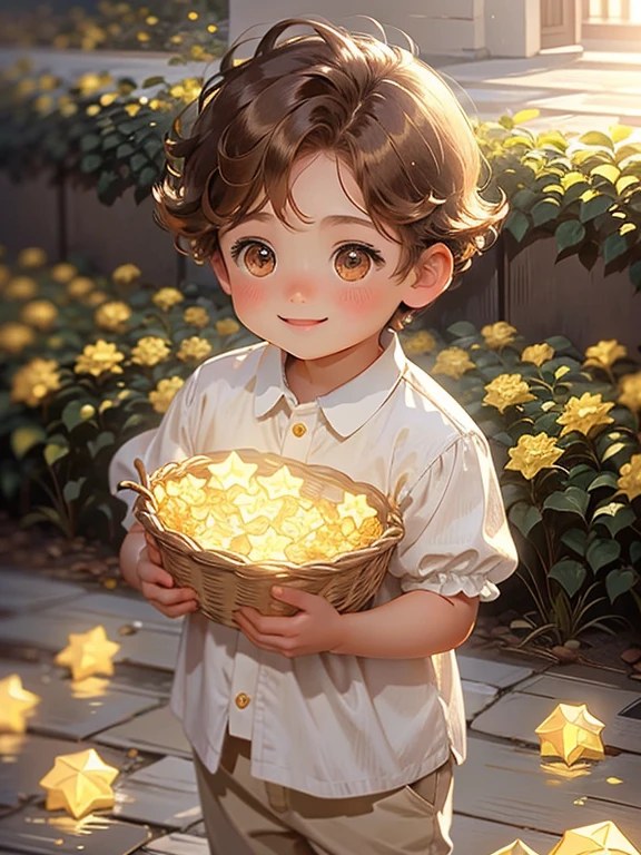 1boy in, Chibi, Cute, brown hair, Light brown hair, glowing gold eyes, rose garden, Floral suit , Sunlight, Smile, Happy, with fairy, some fairies,