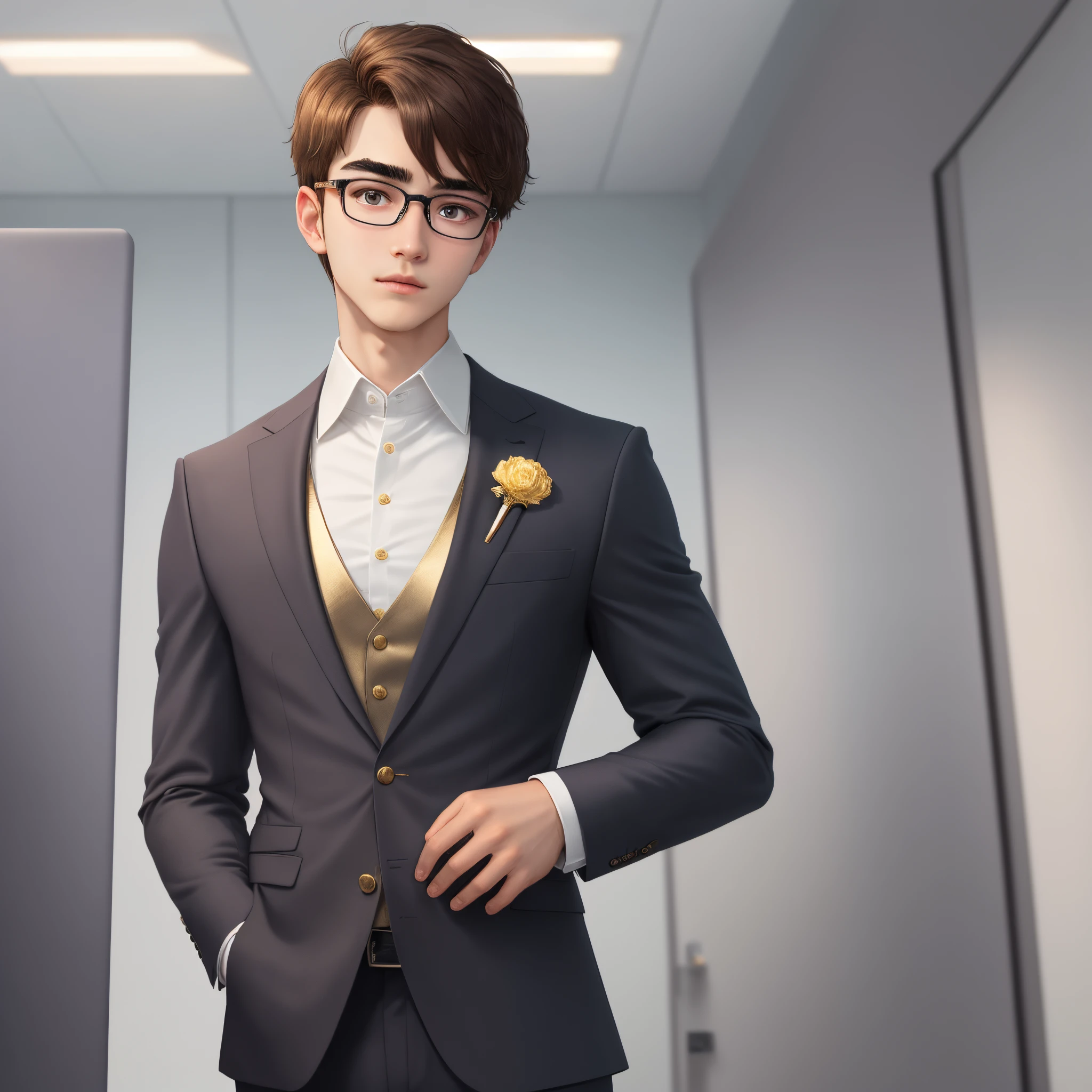 The boy has a long face, thick eyebrows and deep eyes. He is tall and tall. He is wearing a suit and gold-rimmed glasses in a luxurious office.