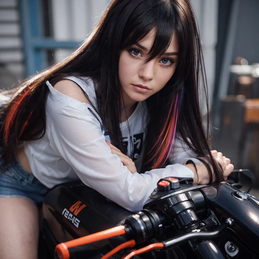 (best quality,Realistic:1.2),ultra-detalhado,Menina com cabelo roxo,camisa roxa,vivid colors,fotorrealista,cabelo preto com pontas roxas,fierce expression,Olhos azuis claros