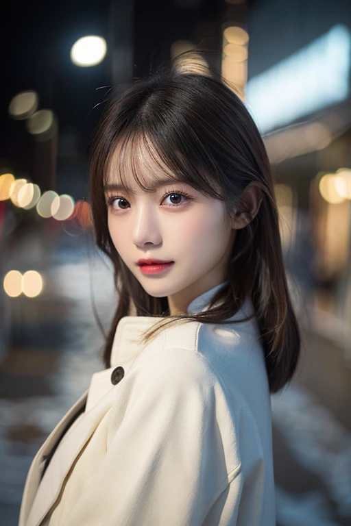 (white oversized coat)、Beige muffler、(top-quality,​masterpiece:1.3,超A high resolution,),(ultra-detailliert,Caustics),(Photorealsitic:1.4,RAW shooting,)Ultra-realistic capture,A highly detailed,high-definition16Kfor human skin、 Skin texture is natural、、The skin looks healthy with an even tone、 Use natural light and color,One Woman,japanes,,kawaii,A dark-haired,Middle hair,(depth of fields、chromatic abberation、、Wide range of lighting、Natural Shading、)、(Falling snow:1.2)(Hair swaying in the wind:1.2)、(At night, Snow reflects off the exterior lights:1.1)、Beautiful valley、Sit up