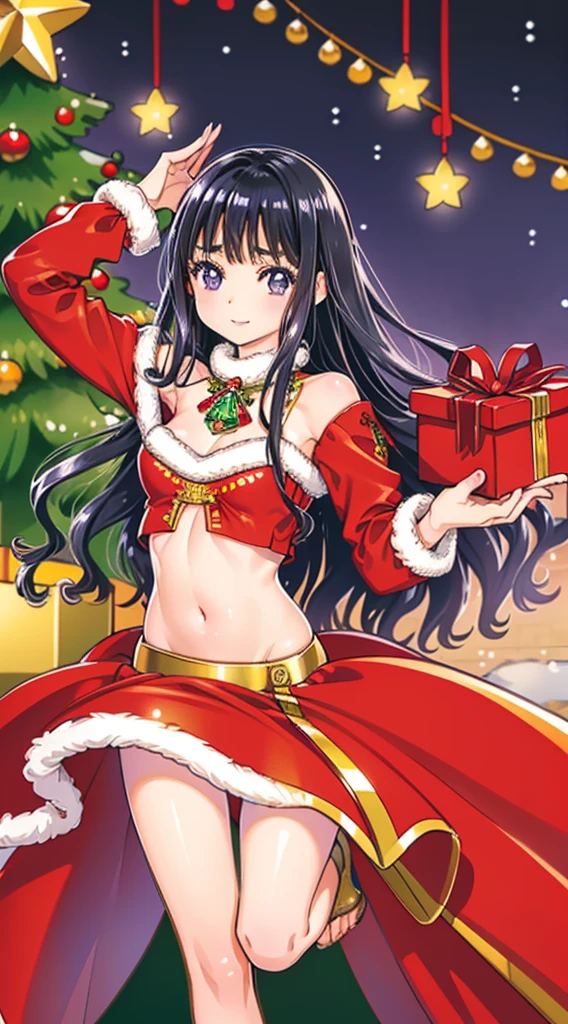 masterpiece, best quality, 1 solo girl,  black hair, purple eyes, long hair, wavy hair, Christmas ornaments, medium breasts, mature body and face, red christmas dress, christmas, christmas light, christmas tree, red gloves, red santa skirt, holding gift, red bra, red panty, leg up, cowboy shots, sexy pose, dakimakura, detailed body, face, and eyes, sharp focus, vibrant, creative, dynamic, high definition, high resolution, 8k, (Upscale: R-ESRGAN 4x+ Anime6B), (Image enchance:4x), voluptuous body