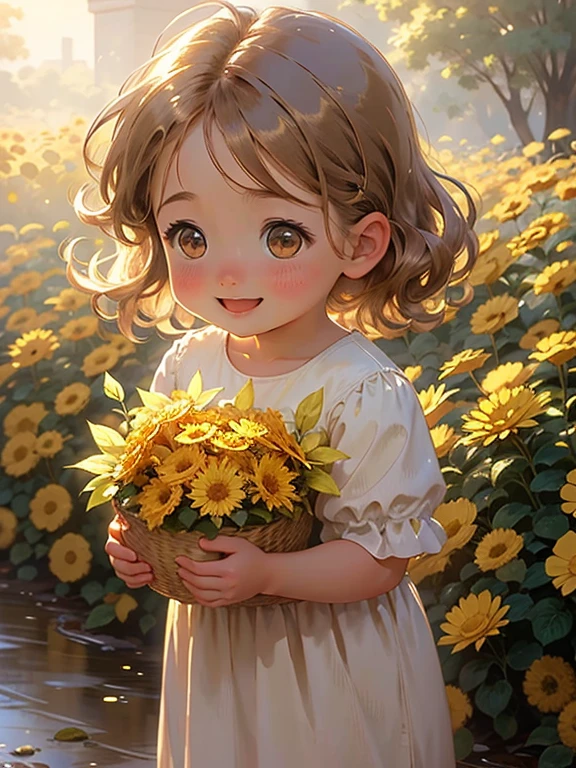 (high quality, 4k, detailed), (realistic:1.37), cute, chibi, boy, light brown hair, shiny golden eyes, rose garden, floral basket , sunlight streaming in, shy smile, happy, with fairies, several fairies,