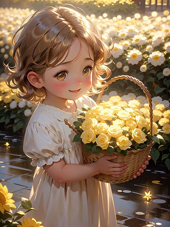 (high quality, 4k, detailed), (realistic:1.37), cute, chibi, boy, light brown hair, shiny golden eyes, rose garden, floral basket , sunlight streaming in, shy smile, happy, with fairies, several fairies,