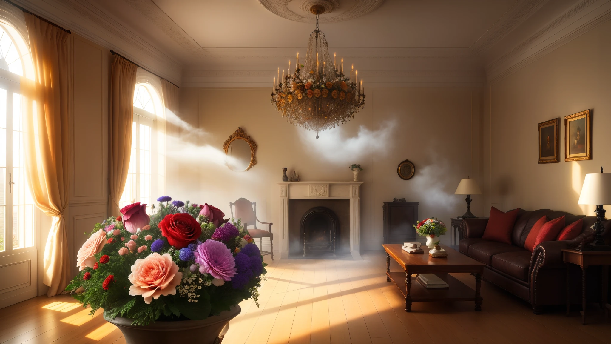 Beautiful bouquet,Exaggerated.,In a room with light,Clean style,Fog,Surreal art