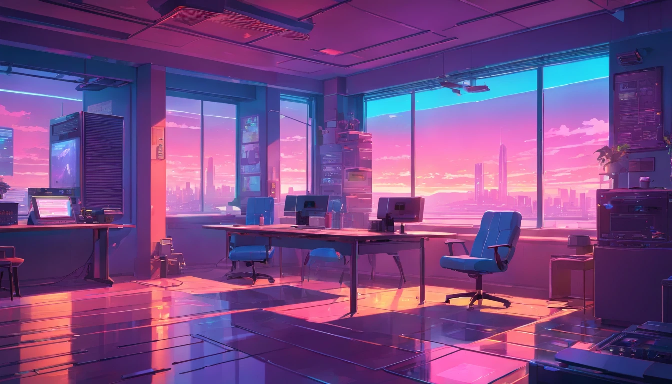 There is a room with a table, a chair, and computer monitor, Digital painting inspired by Beeple, window shutters, concept-art, 3d rendering beeple, interior background art, synthwave art style, Flat synth-wave art style, synthwave art, Cyberpunk teen bedroom, Synthetic wave digital art, cyber punk setting, synthwave background, cyberpunk interior