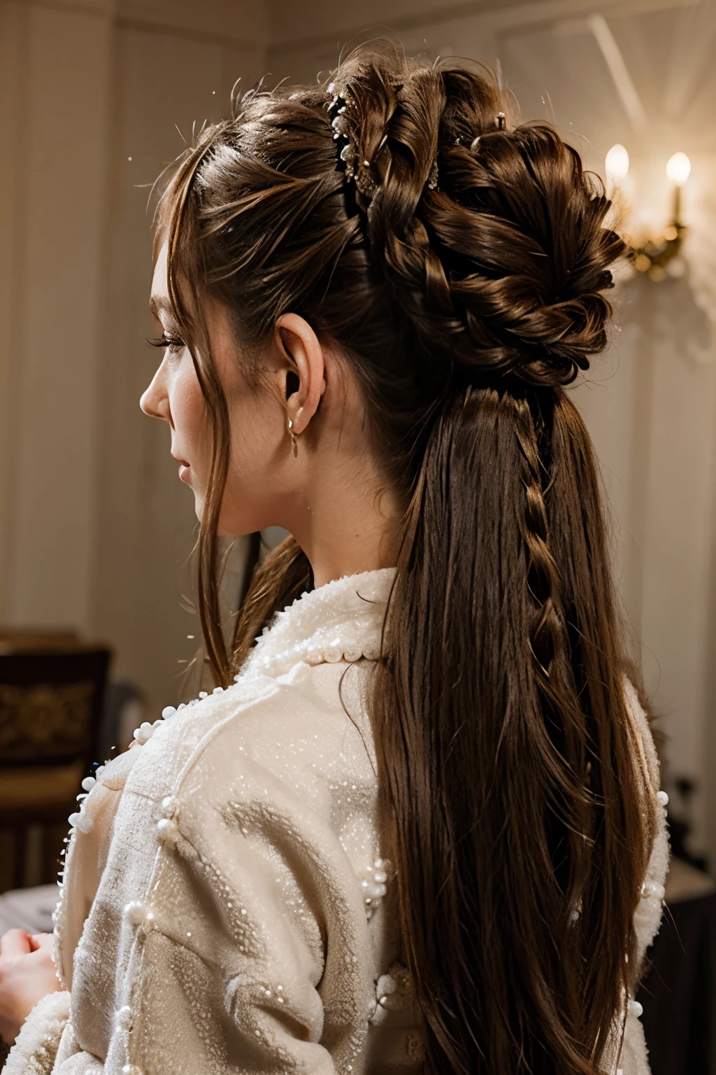 italian model, medieval, costume, brunette , long hair, sides view